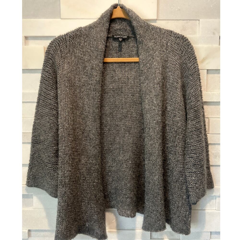 EILEEN FISHER Alpaca Wool Gray Silver Metallic Open Front Cardigan M Occasion